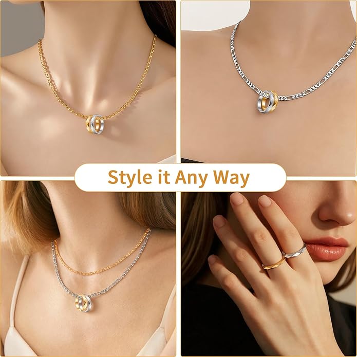 LAOLINTUS Matching Necklace for Couples Necklace Gifts for Women, Valentine’s Day Engagement Gifts for Her, Silver and 18K Gold Plated Figaro Chain for Girlfriend Wife with Double Ring