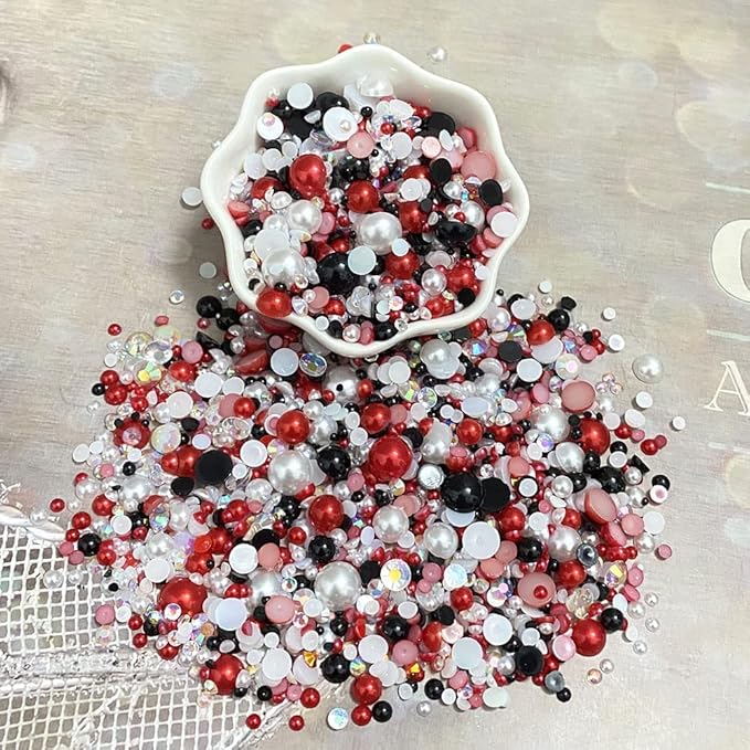 100g Mix Resin Rhinestones Flatback Half Round Pearls Mixed Size 3mm-10mm AB Color Half Pearls Resin Rhinestones for DIY Craft Nail Art Shoes Clothes Phone Case (Red White Black Series)