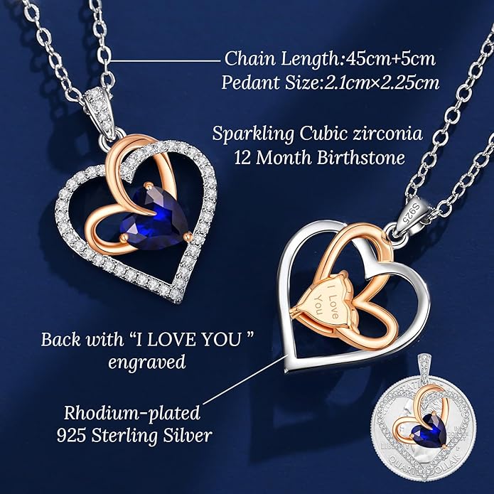 OOBEE Birthstone Necklaces for Women, 925 Sterling Silver Gemstone Fine Love Heart Moissanite Necklace, Ideal Birthday Anniversary Mothers Day Jewelry Gifts for Wife Mom Girlfriend Her
