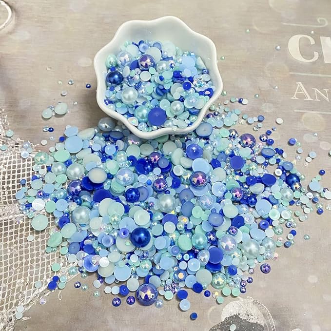 100g Mix Resin Rhinestones Flatback Half Round Pearls Mixed Size 3mm-10mm AB Color Half Pearls Resin Rhinestones for DIY Craft Nail Art Shoes Clothes Phone Case (Blue Series)