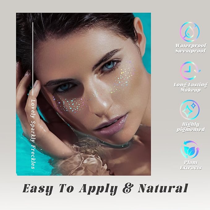 HOSAILY 24 pcs Holographic Multichrome Glitter Freckles Face Tattoo, Waterproof Sparkle Face Glitter Speckles Patches for Women, Cute Star Glitter Temporary Tattoo Makeup Accessories for Festival Rave