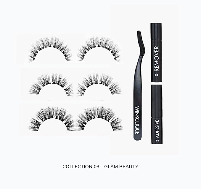 WinkClique Mini Starter Kit - Collection 03 - Complete DIY lash Kit With 3 Bold Glam Lash Styles