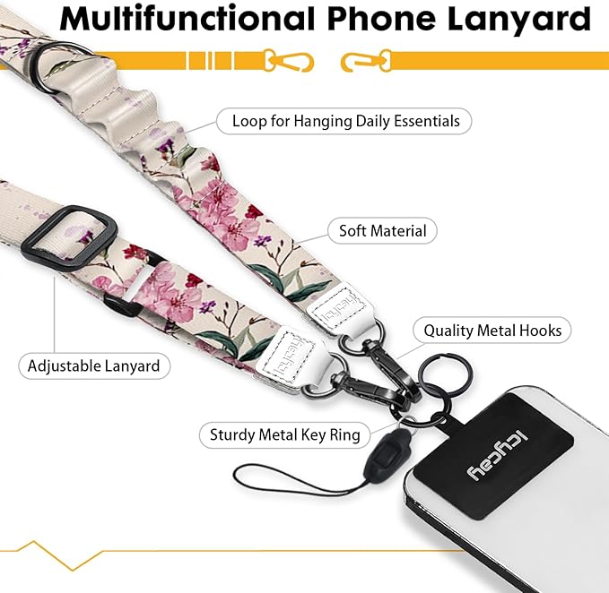 Phone Lanyard Crossbody, Bloom Floral Cell Phone Strap for Around The Neck Adjustable, Flower Teacher Anti Theft Cute Lanyard for iPhone Case ID Holder Keys Accessories Travel Essential