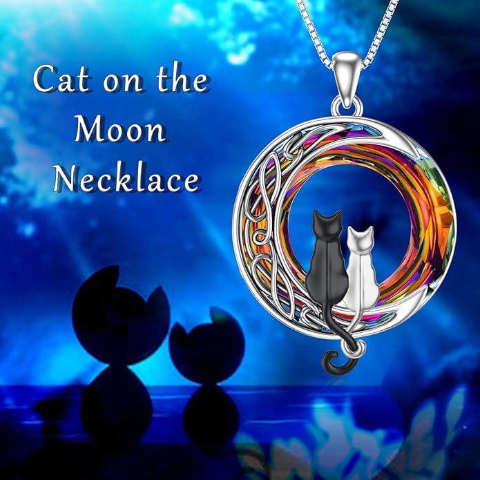 TOUPOP Cat Gifts for Cat Lovers One Two Three Four Cats Necklace Sterling Silver Cats on the Moon Pendant Necklace with Blue Circle Crystal Birthday Christmas Celtic Jewelry Gifts for Women