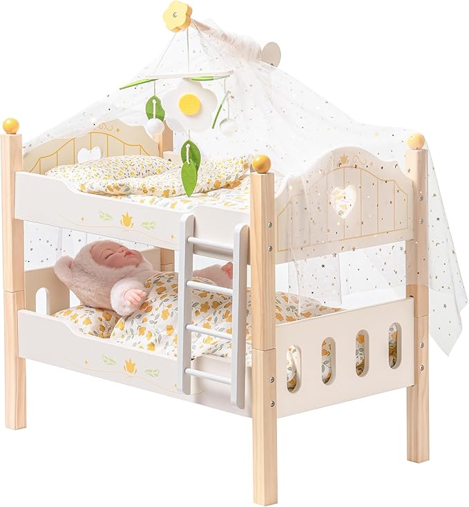 ROBOTIME Baby Doll Bunk Beds, Doll Cribs for 18 inch Dolls, Wooden Doll Beds Cribs fits American Girls (Wood, 2 Pcs Beds)