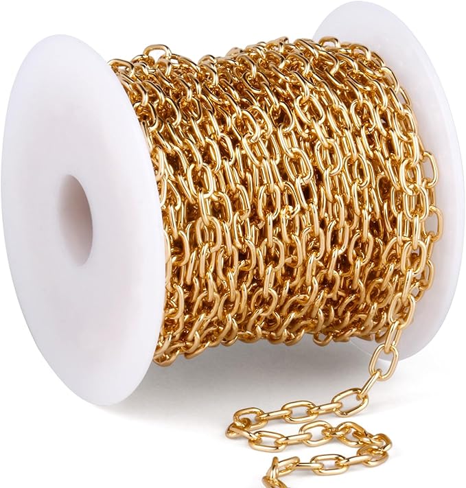 33 Feet Gold Rolo Cable Chains Roll, 4 MM Gold Plated Aluminium Oval Cable O Links Chain Bulk Spool for Jewelry Making DIY Craft