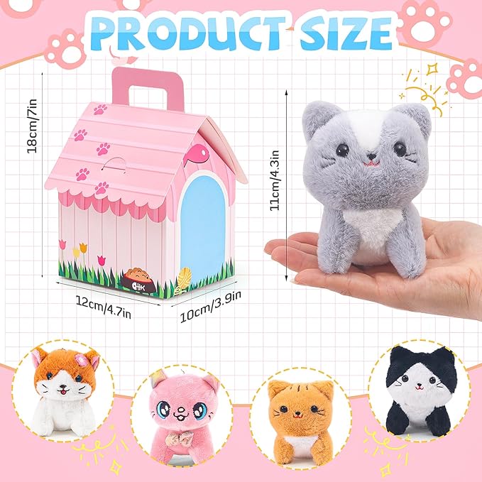12 Pcs Mini Plush Kitty Set Stuffed Cats, Cat Party Favors with Keychain Gift Toys with Carton House, Kids Birthday Christmas Party Gift