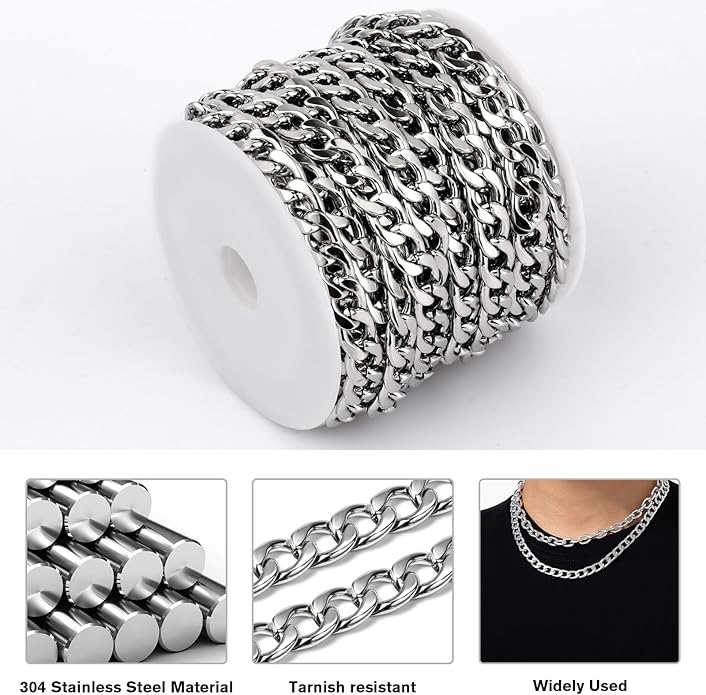 16.5 Ft Stainless Steel Curb Chains, 5mm 6mm 7mm 9mm Cuban Chain Roll Bulk for Jewelry Making