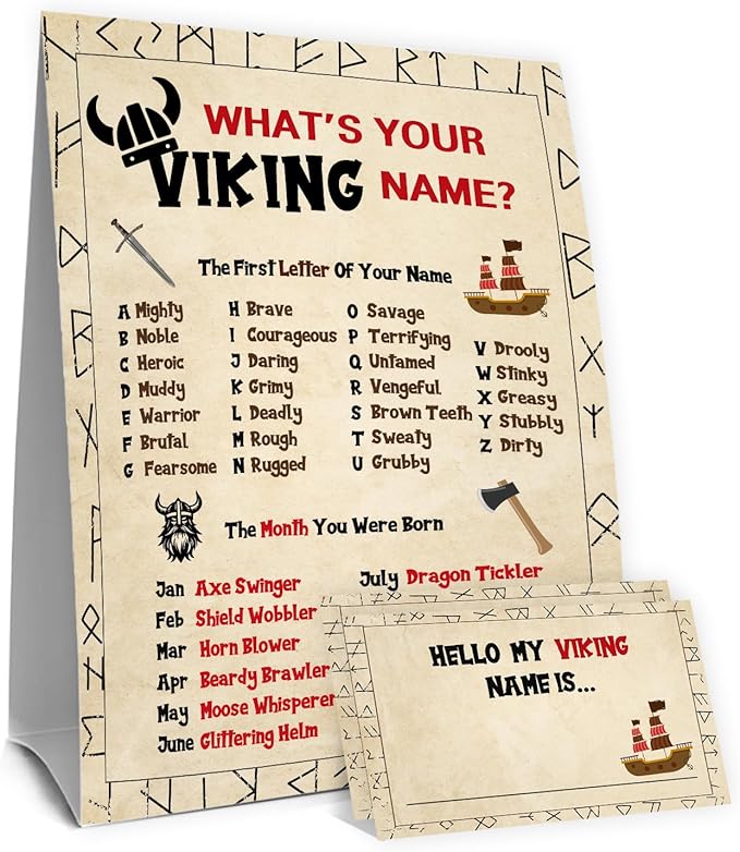 What's Your Viking Name Game,Fun Birthday Party Games for Kids and Adults, Medieval Party Decorations, Norse Adventure Theme,1 Viking Party Game Sign and 30 Stickers,5x7 Inch