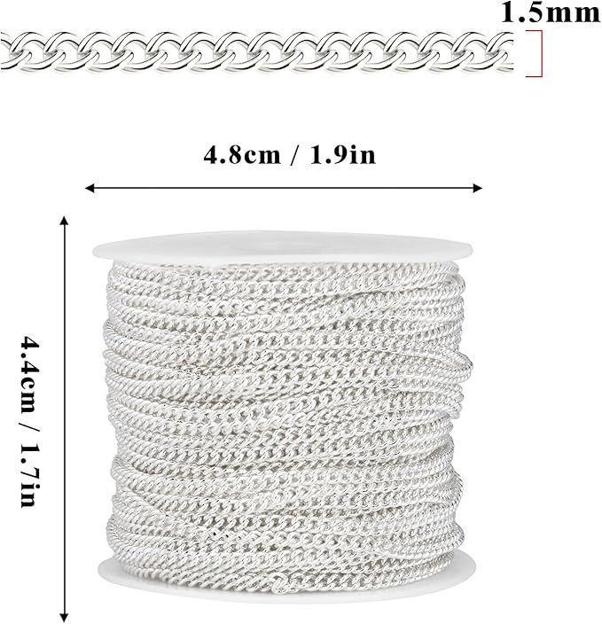 33 Feet Silver Curb Chains Bulk, 1.5mm Silver Plated 304 Stainless Steel Twisted Link Chains Roll Spool for Jewelry Making DIY Craft