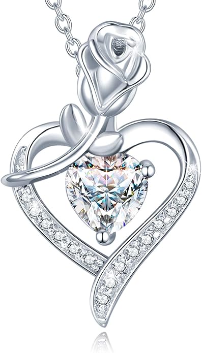 AGVANA Christmas Gifts Rosy Reverie Birthstone Necklace for Women Sterling Silver Genuine or Created Gemstone Rose Flower Heart Pendant Necklace Anniversary Birthday Gifts for Women Mom Wife Her