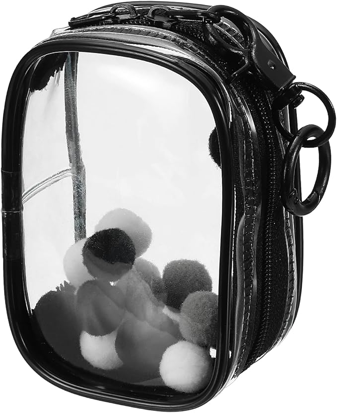 uxcell 3.5 Inch Clear Figure Display Bag, Mini Clear Pouch Waterproof Coin Pouch with Keychain and Pom Poms for Blind Box Doll Display (Square, Black)