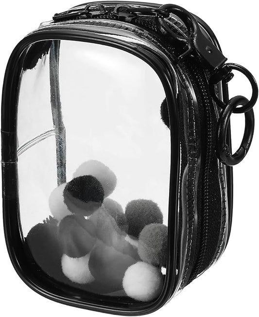 uxcell 3.5 Inch Clear Figure Display Bag, Mini Clear Pouch Waterproof Coin Pouch with Keychain and Pom Poms for Blind Box Doll Display (Square, Black)