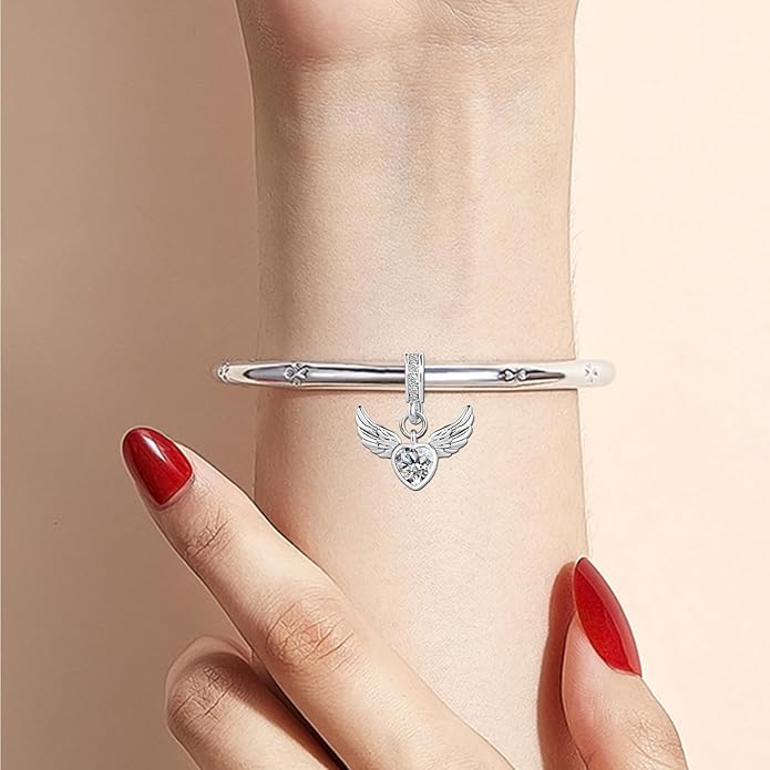 KunBead Guardian Angel Wings Heart Birthstone Dangle Birthday Charms Compatible with Pandora Charm Bracelet for Women