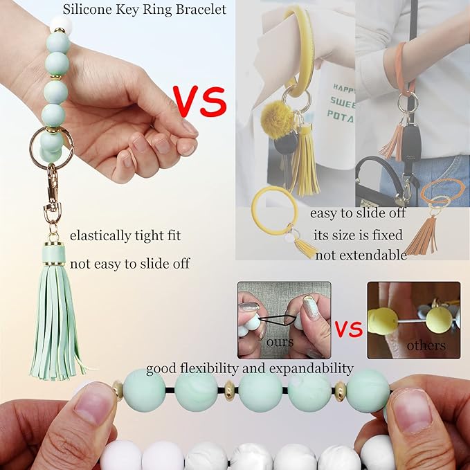BIHRTC Key Ring Bracelet Car Keychain Holder Wristlet Silicone Women Beaded Bangle Chains