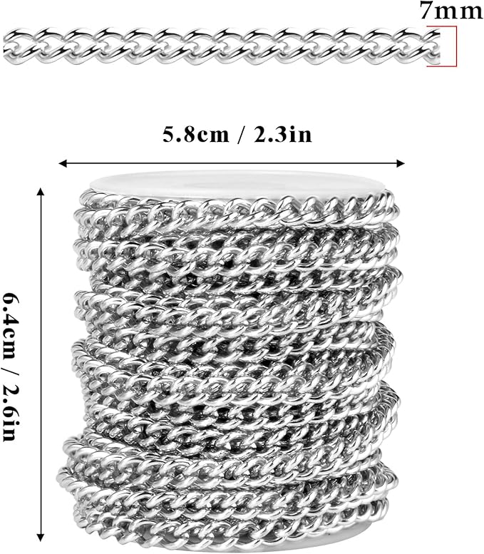16.5 FT Stainless Steel Curb Chain Roll, 7mm 304 Stainless Steel Flat Twisted Links Curb Chains Bulk Spool for Jewelry Making Necklace DIY Craft