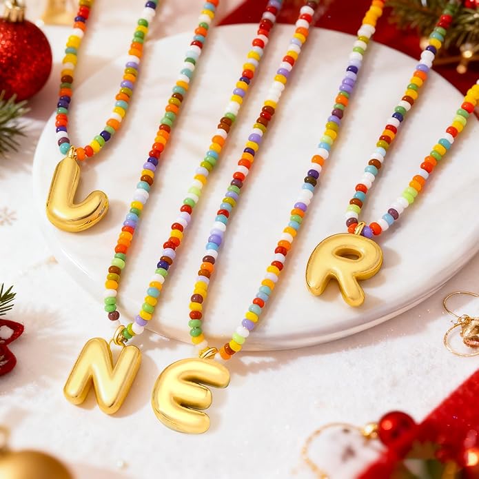 I IHAYNER Colorful Beaded Initial Necklace and Bracelet Set for Girls Personalized Letter Jewelry Gifts Trendy Choker Necklace Matching Bracelet Birthday Friendship Gift