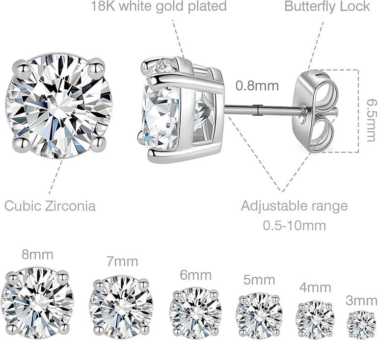 18K White Gold Plated 4 Pong Round Clear Cubic Zirconia Stud Earring Pack of 6 Pairs (6 Pairs)