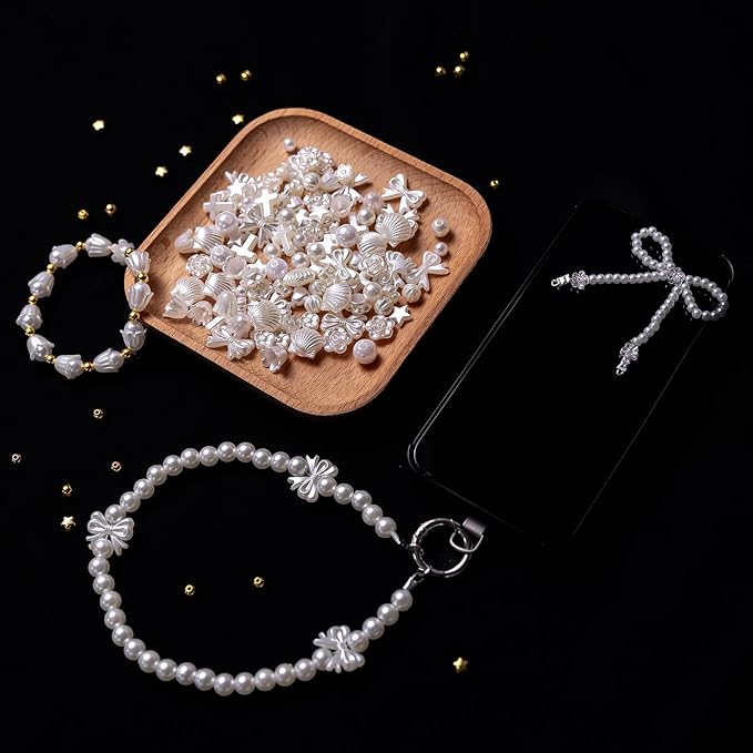 nikkiGuo 1300 Imitation Pearls, 4 Sizes of Round Pearls with Gold Beads, Various Shapes Set for Making Bracelets, Friendship Bracelets, Necklaces, Earrings DIY Decorative Beads
