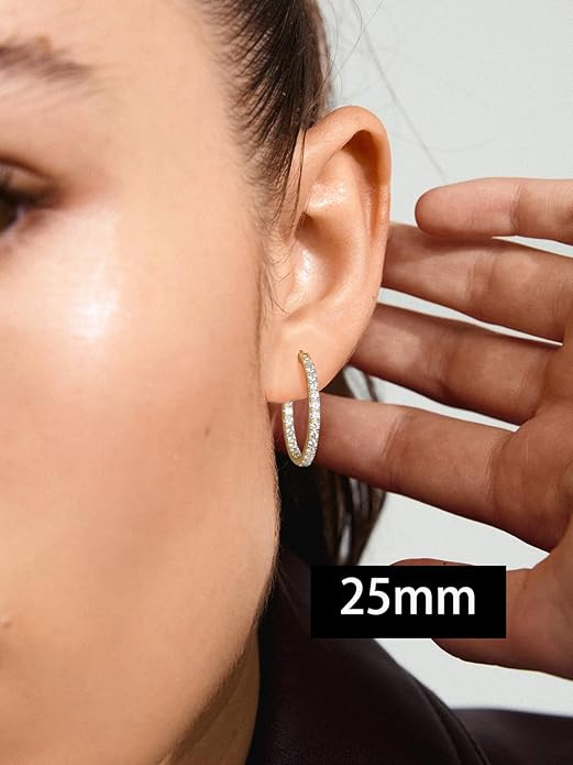 Wyyxl Womens Diamond Hoop Earrings, 20/25/30mm Small Hoop Sterling Silver Based Hypoallergenic Huggie Stud, Sparkle Moissanite 5a Cubic Zirconia Earings Jewelry for Woman Daily Party Wear