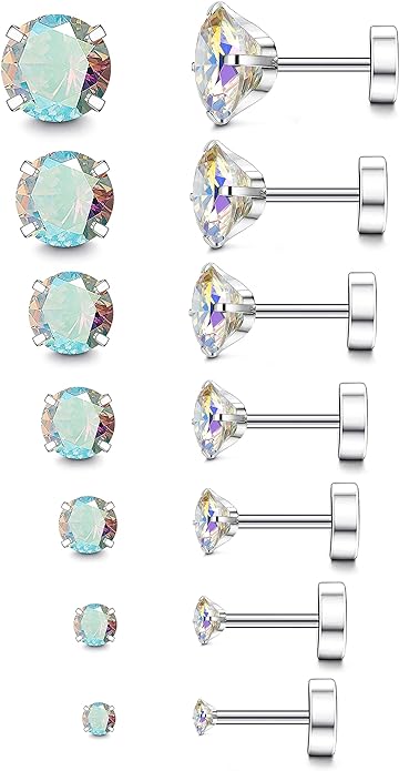 Fansilver 20G Hypoallergenic Flat Back Earrings for Women Men Silver 14K Gold Stainless Steel Stud Earrings Brithstone Cubic Zirconia Studs Surgical Steel Cartilage Earrings for Sensitive Ears