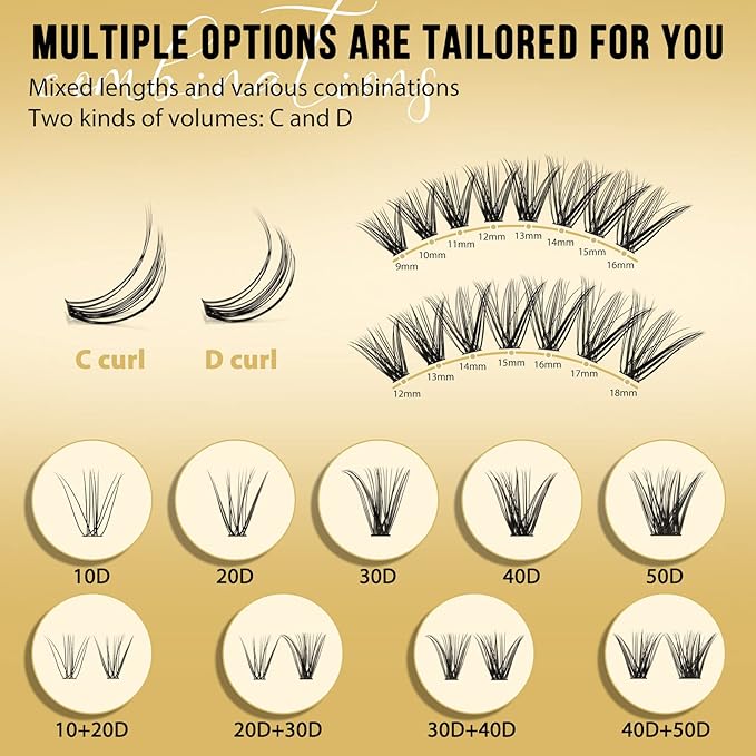 QUEWEL Lash Clusters 320Pcs Cluster Lashes 30D+40D D Curl Lash Cluster Eyelash Extensions Mix12-18mm Individual Eyelashes Clusters Wispy Lash Clusters Thin Band Soft to Use at Home(30D+40D D Mix12-18)