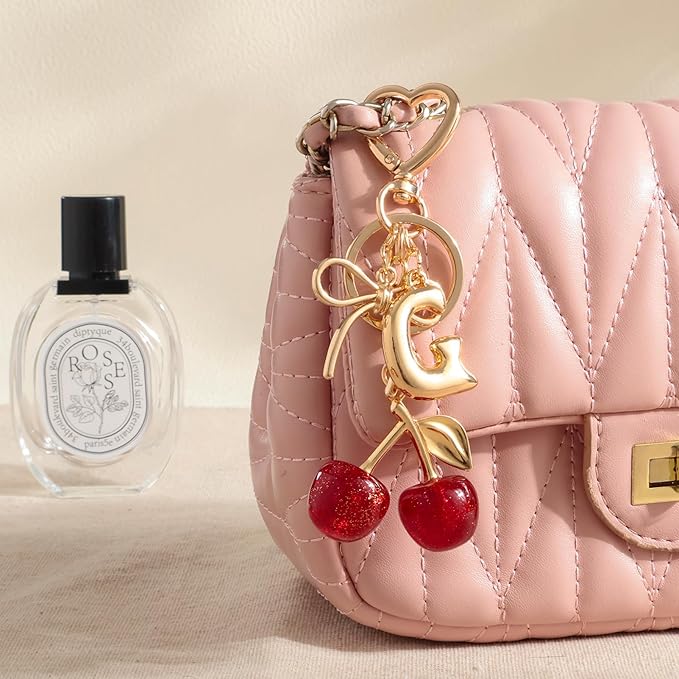 Snycler Bubble Initial Keychain with Cherry & Bow - Gold Letter Bag Charms for Women, Cute Purse Handbag Accessories