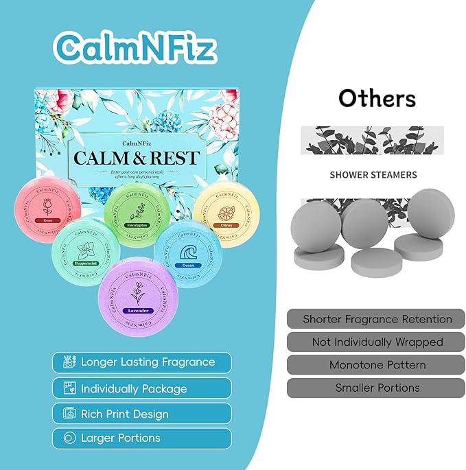 CalmNFiz 6 Pack Shower Steamers Aromatherapy, Stocking Stuffers for Women Men, Birthday Gifts for Her, Christmas White Elephant Gifts for Mom Adults Teen, Relaxation Self Care Natural Essential Oil