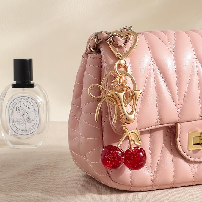 Snycler Bubble Initial Keychain with Cherry & Bow - Gold Letter Bag Charms for Women, Cute Purse Handbag Accessories