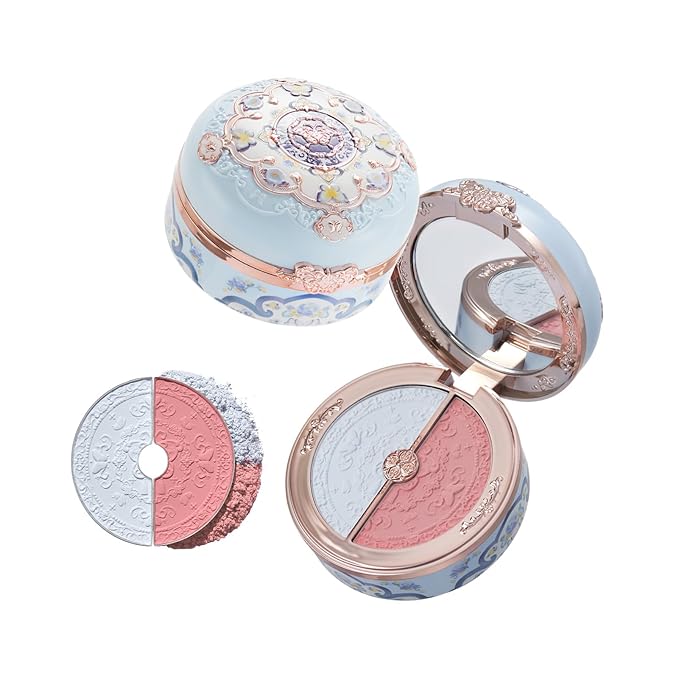 Flower Knows Butterfly Cloud Collar Rouge Box Highlighting & Blush Duo Powder,Blue+Pink Two Tone Matte Blush for Cheeks Bulidable & Blendable Palette for Women & Girls,0.21 Oz(02 Seaborne Moon)