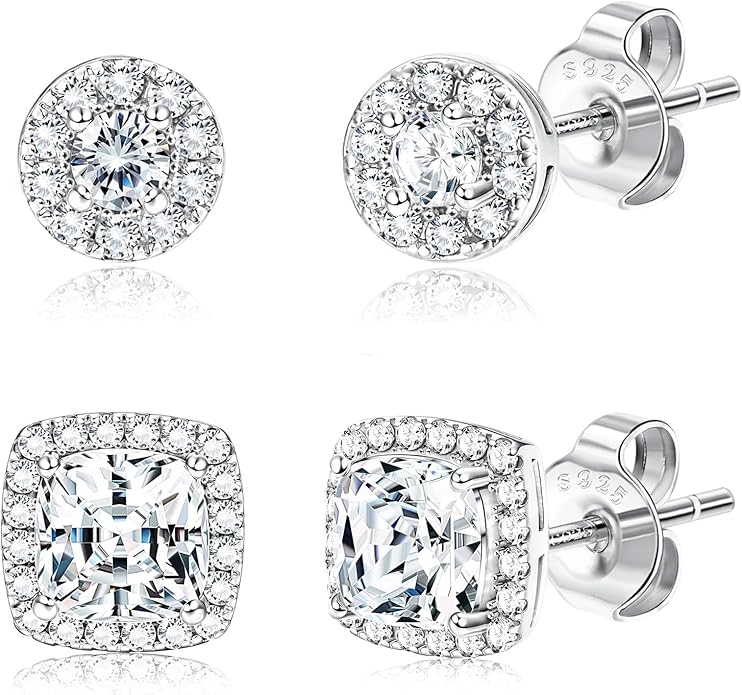 Hayoso 18K Gold Plated Halo Stud Earrings 925 Sterling Silver Cubic Zirconia Stud Earrings Round Square Diamonique Stud Earrings Set for Women Men