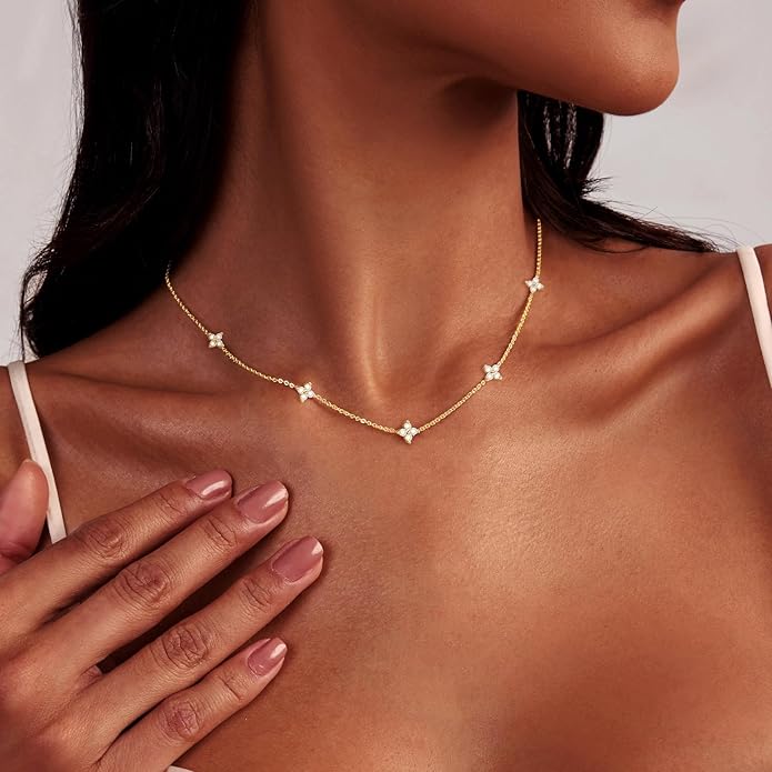 Luxval Diamond Pendant Gold Necklace for Women，Dainty 18k Gold Plated Choker Necklaces Simple Gold Jewelry Gifts for Women Girls