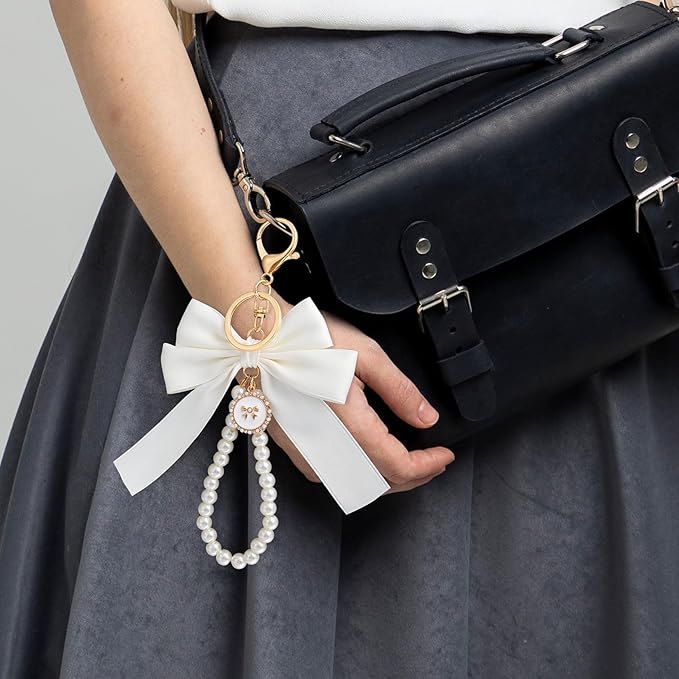 Joez Wonderful Pearl Bow Keychain, Cute Pink Bowknot & Pearl Keyring Charms, Aesthetic Keychain
