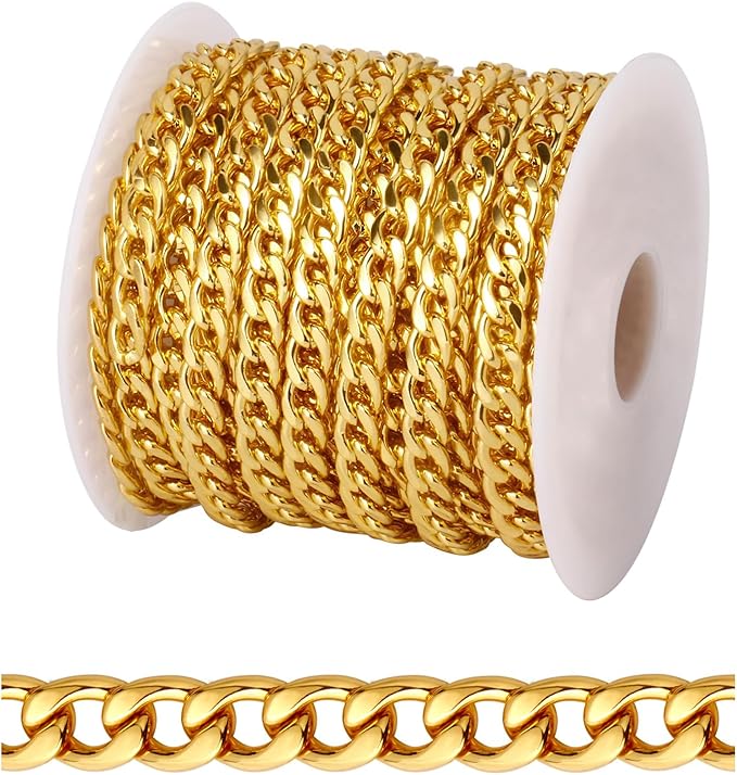 [16.5 FT] 18K Gold Plated Curb Chain for Jewelry Making, 5mm Wide 304 Stainless Steel Cuban Link Chain Roll Bulk for DIY Jewelry Making Craft