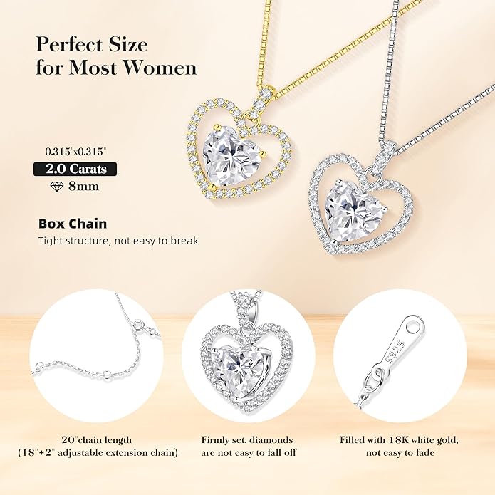 geweio 2CT Moissanite Heart Necklace for Women Wife in Gift Box,S925 Sterling Silver Jewelry for Women,Anniversary Birthday Present for Wife Her Girlfriend,18K Gold/White Gold Filled