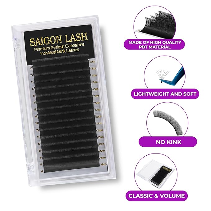 SAIGON LASH Eyelash Extensions, Mink Lash, Volume & Classic Lashes for Professionals, J/B/C/CC/D/L/M Curl, 4-15mm Length, Soft Korean PBT Fiber, 16 Rows Lash Tray (Black-J-0.12-4-7mm)