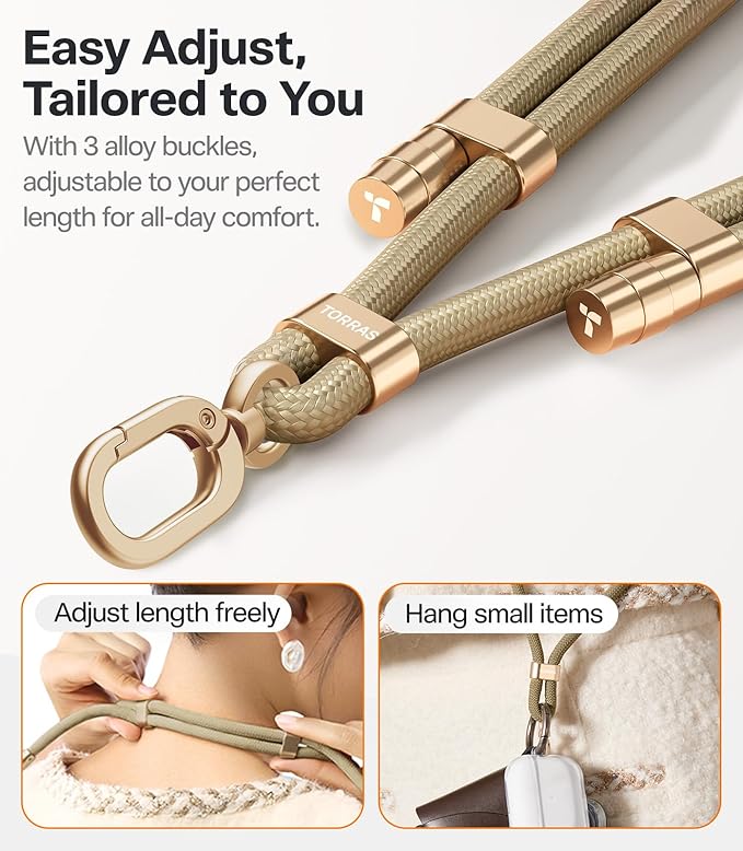 TORRAS Phone Lanyard Crossbody with 2 Phone Tabs, Adjustable Anti Theft Phone Strap for iPhone 17 Pro Max, Premium Metal Buckles, Universal Cell Phone Neck lanyard for Women and Men, Khaki