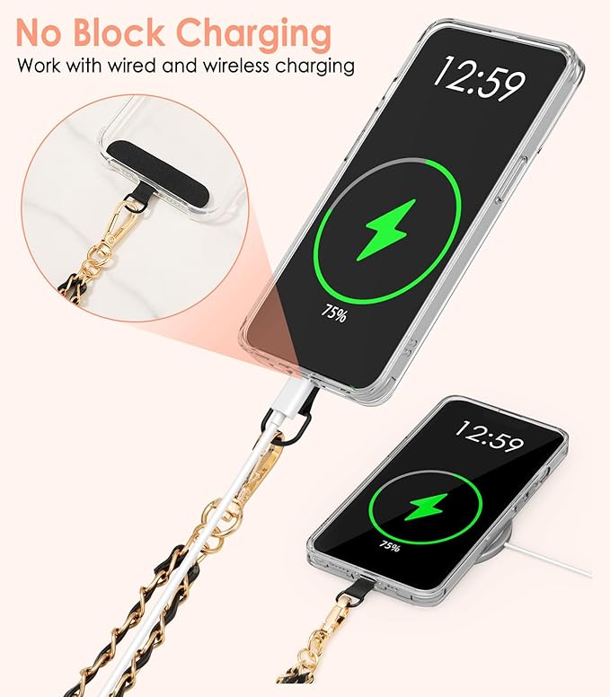 MoKo Universal Phone Lanyard, Metal Cell Phone Chain Crossbody Strap Anti-Theft Detachable Women Cellphone Lanyards Around The Neck with Patches for iPhone, Most Smartphones - Gold & Black