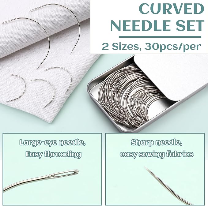 GarfxG Heavy Duty Hand Sewing Needles, Curved Needles 60 PCS 2'' / 3.5 '' C Type Weaving Sewing Needles, Leather Sewing Needles with Metal Box for Upholstery Carpet Leather Canvas Repair
