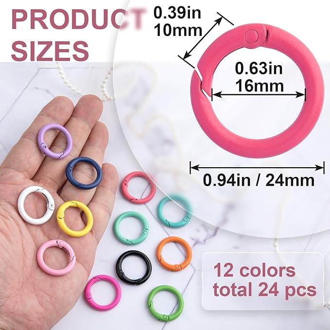 HINZIC 24Pcs 24mm Metal Spring O Rings, Round Colorful Carabiner Snap Clip Trigger Buckles DIY Accessories for Keyrings Bag Purse Handbag Keychain Lanyard