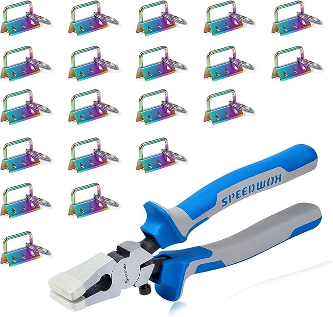 SPEEDWOX 20Pcs 1.25" Rainbow Key Fob Hardware with Key Fob Pliers Set, 8" Glass Breaking Pliers with Rubber Tips, Flat Jaws, Hardware with Key Ring for Wristlet Keychain Hardware