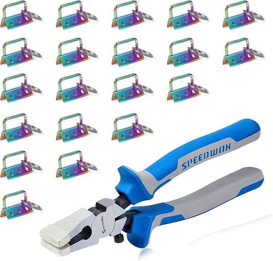 SPEEDWOX 20Pcs 1.25" Rainbow Key Fob Hardware with Key Fob Pliers Set, 8" Glass Breaking Pliers with Rubber Tips, Flat Jaws, Hardware with Key Ring for Wristlet Keychain Hardware