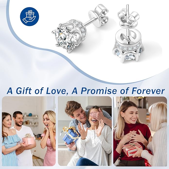 Moissanite Stud Earrings 1.2ct-2.4 ct DF Color Grade Round Cut Lab-Grown Moissanite Earrings 18K White Gold Plated Sterling Silver Friction Back for Women Men