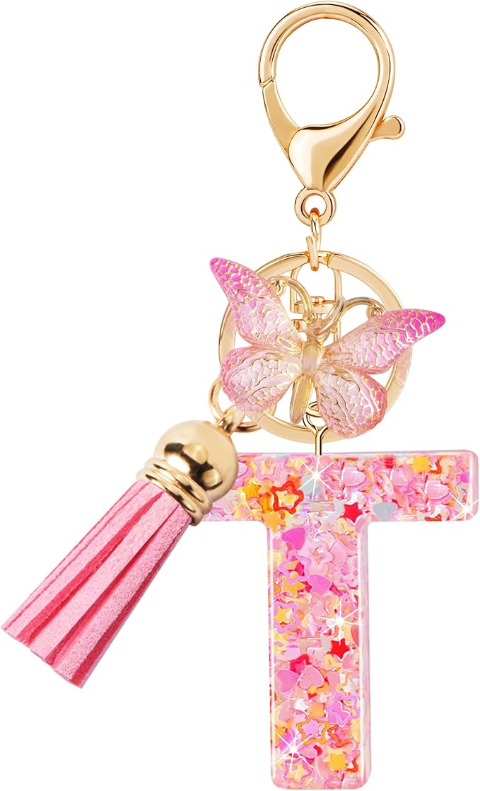 Initial letter Keychains for Women Girls Tassel Butterfly Cute Keychain for Wallet Backpack charm