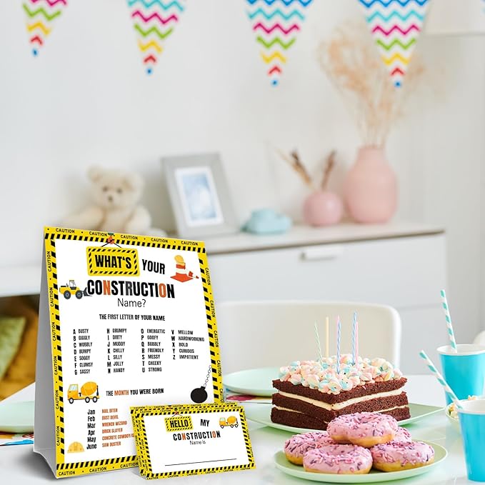What's Your Construction Name Game, Construction Birthday Party Games for Boys,Construction Party Decorations, Kids Birthday Activities,1 Double Sided Sign and 30 Stickers,5x7 Inch