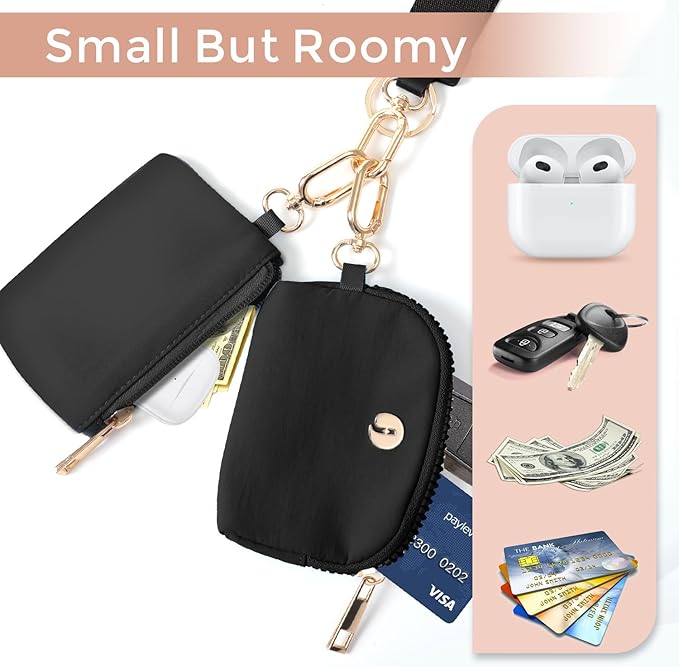 Dual Pouch Wristlet Keychain Wallet with 2 Wrist Straps - Small and Portable Mini Zipper Coin Purse Card Wallets for Women Men Gold Hardware Black+Black