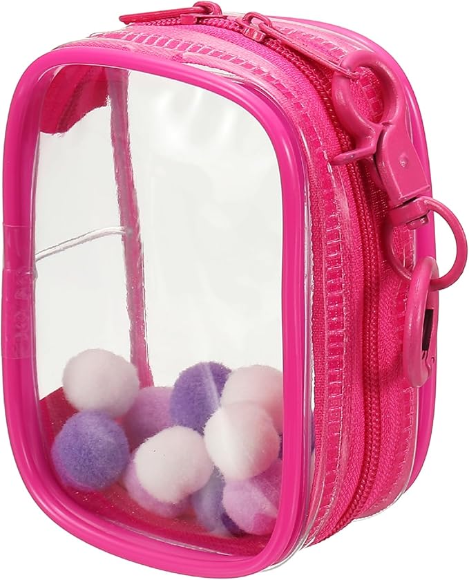 uxcell 3.5 Inch Clear Figure Display Bag, Mini Clear Pouch Waterproof Coin Pouch with Keychain and Pom Poms for Blind Box Doll Display (Square, Red)