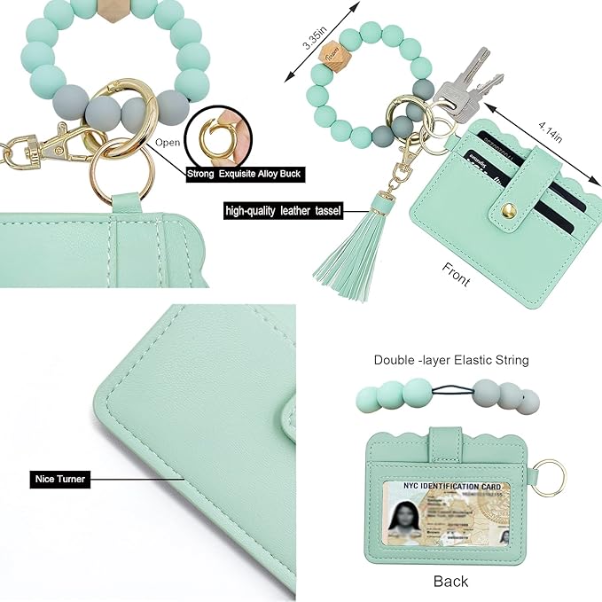 Keychain Wallet Wristlet Small Credit Card Holder Bracelet Key Chain Purse Bangle Tassel Beads Key Rings for Women
