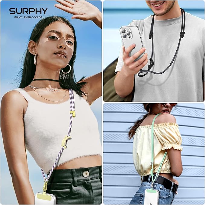 SURPHY Phone Lanyard, Adjustable Phone Strap Crossbody with 2 Pack Phone Tether Tab, Premium Metal Buckles and Two-Color Braided Cell Phone Lanyard Crossbody for Women and Men, Purple & Yellow