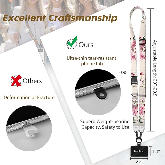 Phone Lanyard Crossbody, Bloom Floral Cell Phone Strap for Around The Neck Adjustable, Flower Teacher Anti Theft Cute Lanyard for iPhone Case ID Holder Keys Accessories Travel Essential